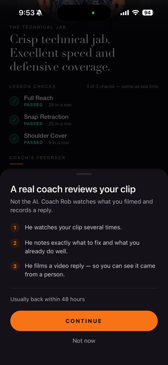 Current app example explaining how Coach Rob watches a student clip and records a video reply