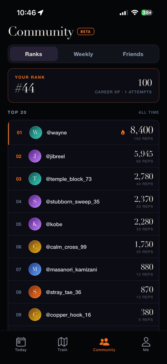 Current app community screen showing career points, a personal rank and a top-20 leaderboard