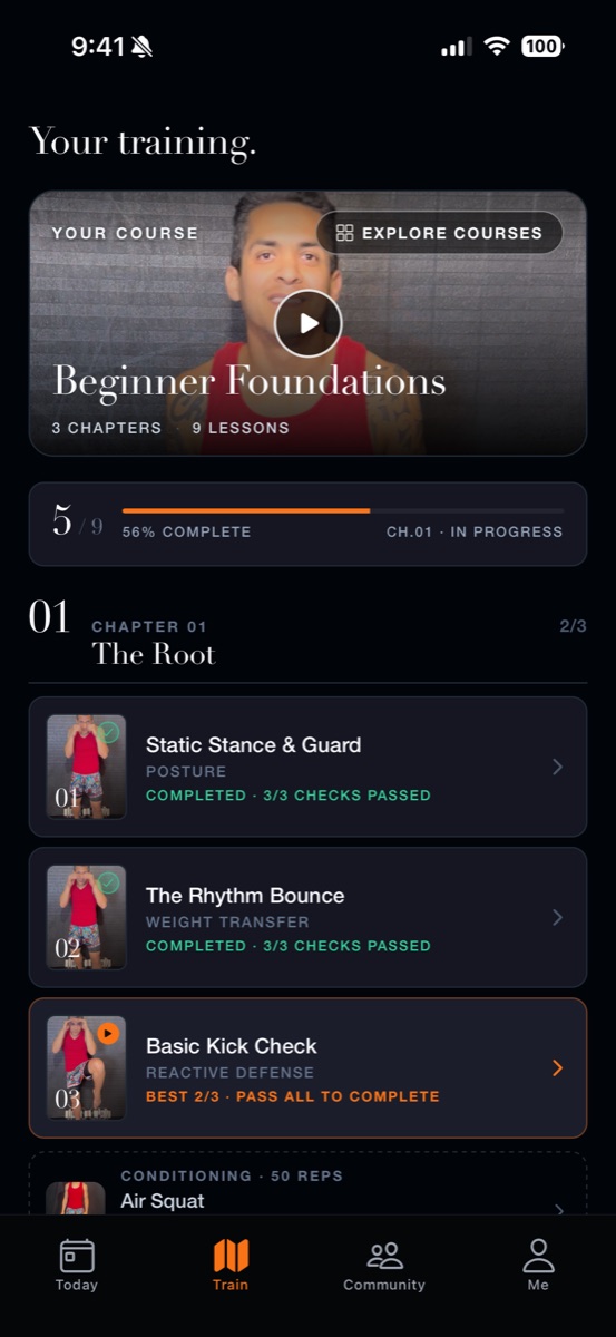 Current app course screen showing chapters, lessons and progress