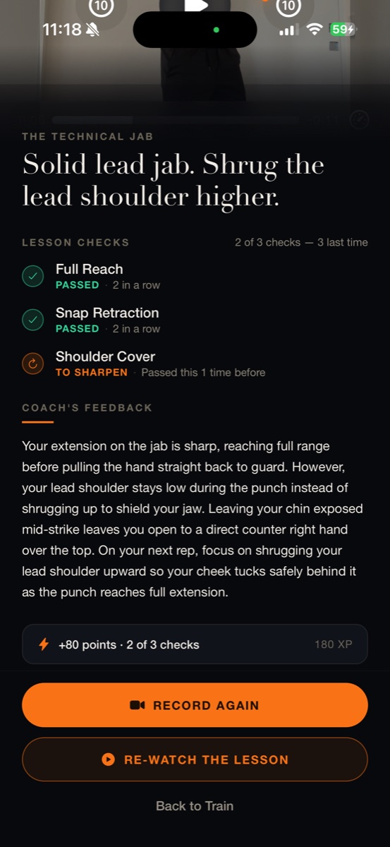 Current app feedback identifying shoulder cover as a technique to improve
