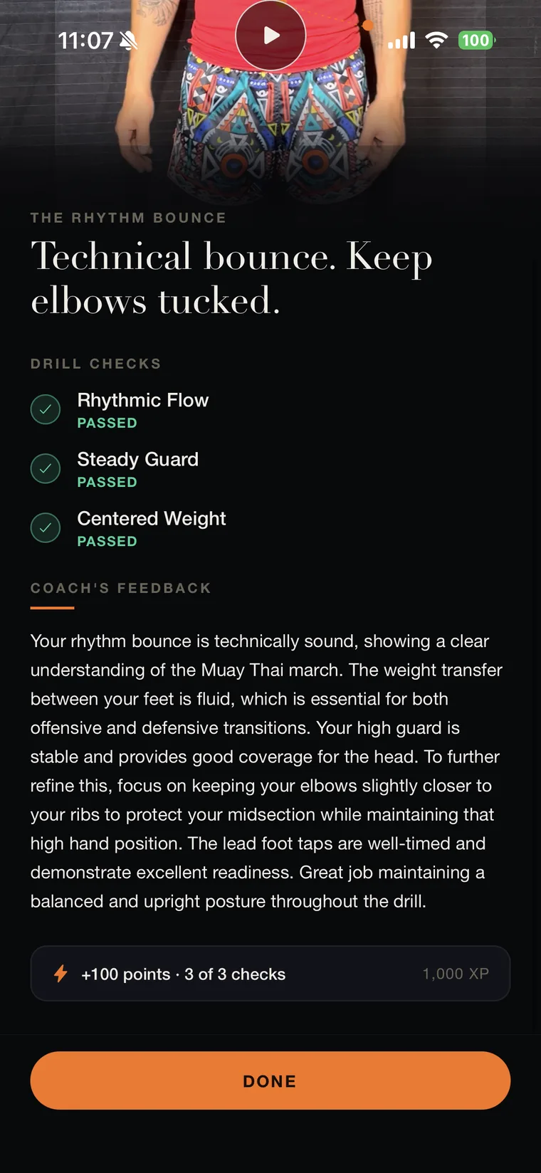 Muay Thai AI drill feedback showing passed technique checks and written coach feedback