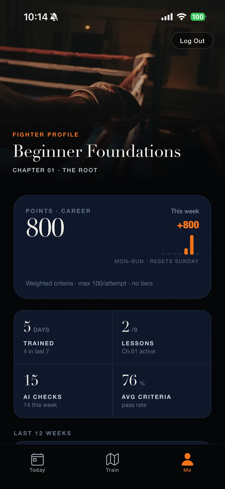 Muay Thai AI progress, pass rate, and training streak