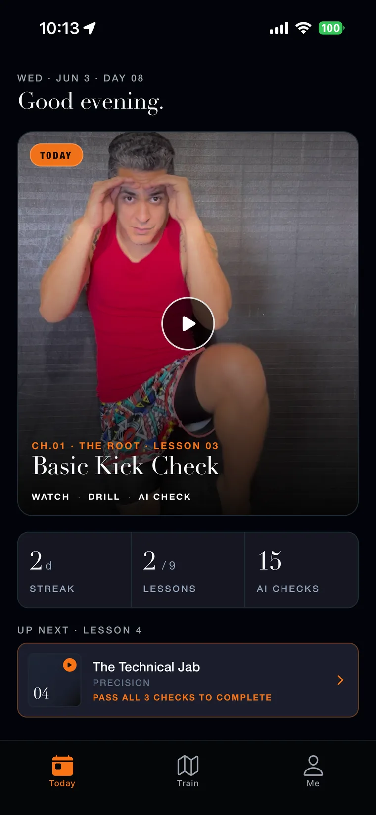 Muay Thai AI daily lesson screen
